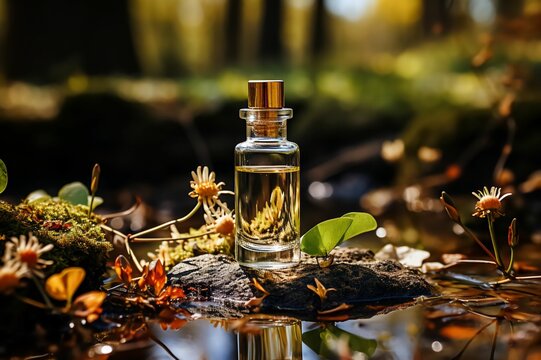 Flacon de parfums neutre sans marque dans la nature avec bouchon de li&egrave;ge poser au sol