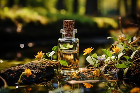 Flacon de parfums neutre sans marque dans la nature avec bouchon de li&egrave;ge poser au sol