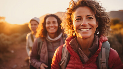 Group of senior women on a hike during sunset or sunrise. Healthy lifestyle concept. - obrazy, fototapety, plakaty