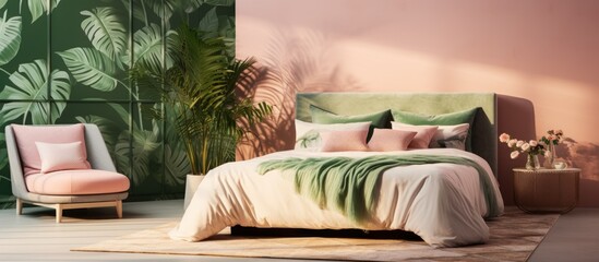 Botanical bedroom with Scandinavian style furniture and pastel pink and emerald green decor and textiles including leaf patterned wallpaper With copyspace for text