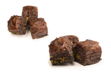 Turkish chocolate baklava isolated on white background.