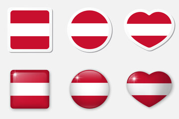 Flag of Austria icons collection. Flat stickers and 3d realistic glass vector elements on white background with shadow underneath.