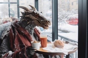 Dragon and a cup of coffee in a cafe in winter