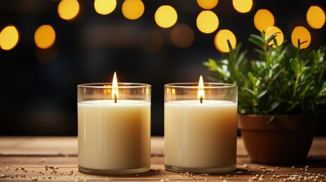 Mockup of two white candles on a wooden table