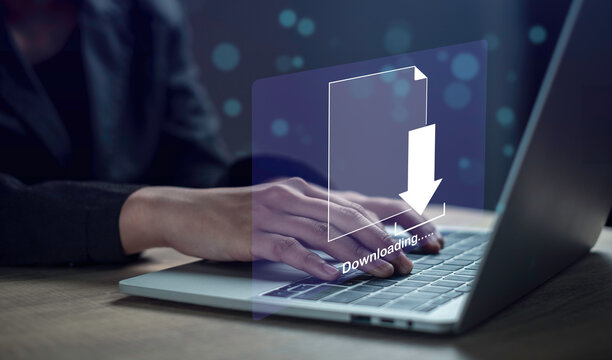 Download document  file by computer laptop concept. Businessman downloading computer files storage or installing software, waiting for transfer file process with loading.