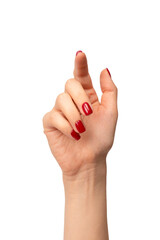 Woman hands with wine red color nails. Red nail polish. Square nail form.