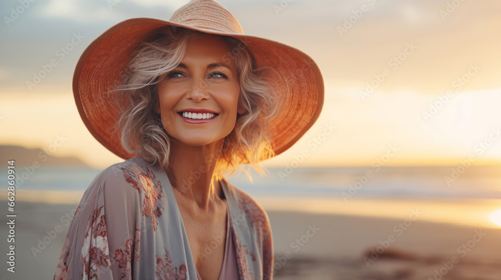 Canvas Prints candid shot of happy senior woman on beach during sunset. lifestyle concept.