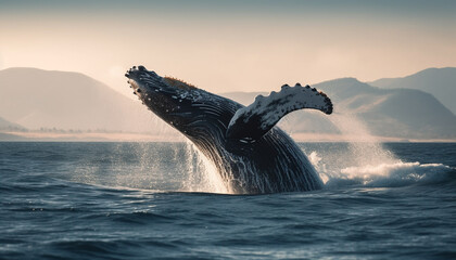 Fototapeta premium Majestic humpback whale breaches in blue sea, splashing water