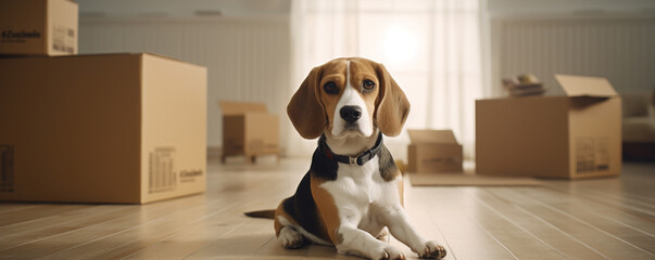 Obraz na płótnie Canvas Beagle dog sits near boxes, moving to a new home, packing. Online shopping. A quick delivery. A delivery of orders from online shops. Buying by the Internet. 