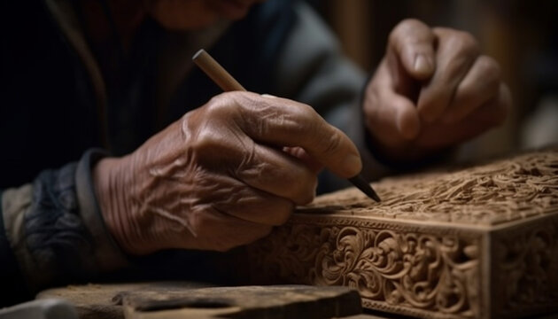 Craftsperson carving wood, holding work tool, creating homemade craft product