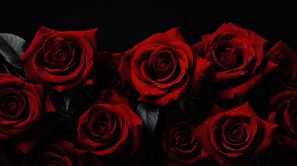Elegant Depth: Red Roses with Dew Drops on Black Background