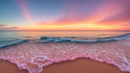 A Beach With Waves And A Pink Sky - obrazy, fototapety, plakaty