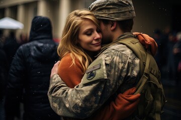 A young soldier returns home from the army and hugs his wife.