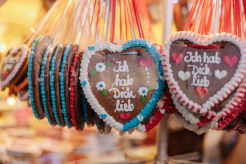 Traditional Lebkuchenherz Gingerbread heart at the famous Oktoberfest in Munich. Reading: 