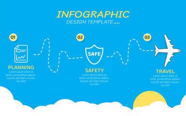 Infographic design template. Timeline concept with 3 options or steps template. layout, diagram, annual, airplanes, travel, report, presentation. Vector illustration. - obrazy, fototapety, plakaty