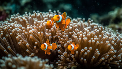 Fototapeta na wymiar Colorful clown fish swim in harmony among multi colored coral reef
