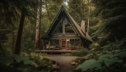 Tranquil log cabin nestled in forest, perfect for outdoor adventure