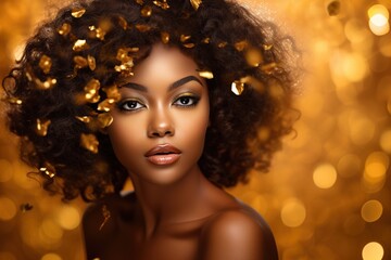 Fototapeta premium African American woman in gold dress on golden sparkling background.