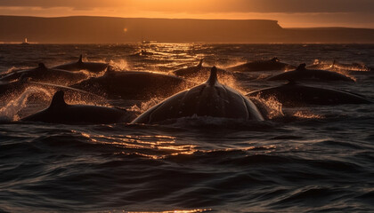 Majestic humpback whale silhouette splashing in blue seascape at dusk