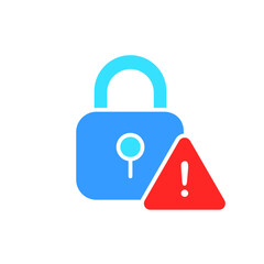 Closed padlock with warning icon. Security, protection, key, door, password, secret, safe, hacking. Vector color icon on a white background for business and advertising.