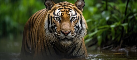 Female Bengal tiger emerges from forest during monsoon season at Sundarban Tiger Reserve India With copyspace for text