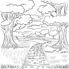Villige road with tree coloring page for Adults