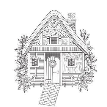 Adults coloring page flower and house