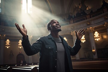 Christian man standing in church and raising his hands in worship. - obrazy, fototapety, plakaty