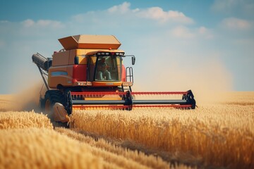Obraz premium Combine harvester agriculture machine harvesting golden ripe wheat field.