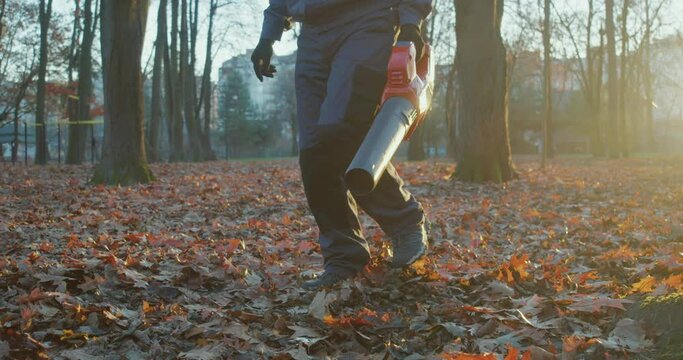 Caucasian foreman in special working clothes removing dry foliage at city park with modern leaf blower. Concept of people, technology and work. 