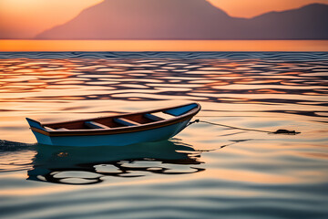 small-boat-floating-on-the-sea-at-sunset-902342086. Generative AI