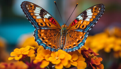 Vibrant butterfly wing in multi colored pattern on yellow flower outdoors