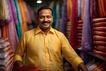 Indian shopkeeper showing clothes at his store. - obrazy, fototapety, plakaty