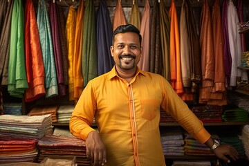Indian shopkeeper showing clothes at his store. - obrazy, fototapety, plakaty