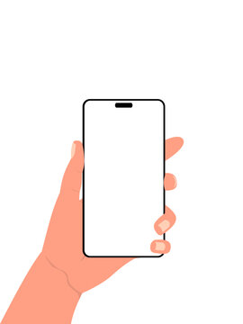 The Left Hand Is Holding A Mobile Smartphone On A White Background.