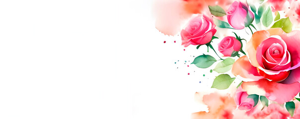 Watercolor floral abstract background with pink red roses and copy space for text. Generative AI