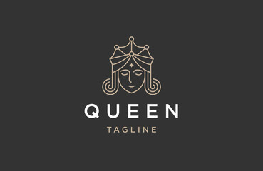 Beauty queen with crown line art logo design template