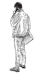 Sketch of young citizen with smartphone standing and talking outdoors