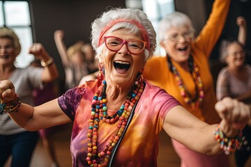 Old women enjoying zumba dance class.