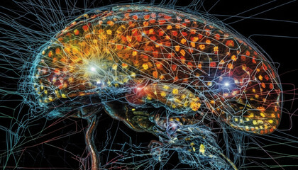 Glowing abstract human brain illustration with futuristic technology and anatomy