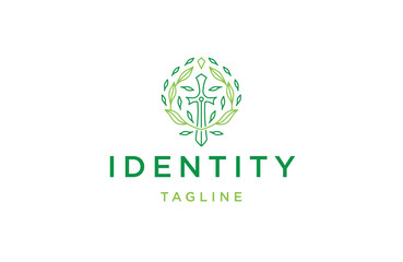 Sword nature leaf with line art style logo design template flat vector