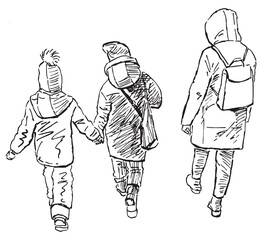 Sketch of two casual children with one adult walking outdoors