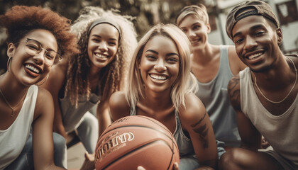 A diverse group of friends smiling and playing basketball outdoors