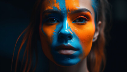 Confident young adult woman with beautiful blue face paint smiling