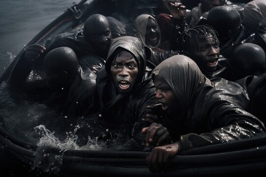 Refugees in a boat at night.