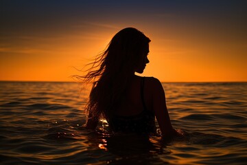 Fototapeta premium Silhouette of a girl in sea at sunset.