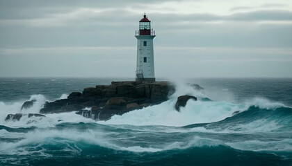 Fototapeta na wymiar Famous beacon warns of danger on rocky coastline, breaking waves