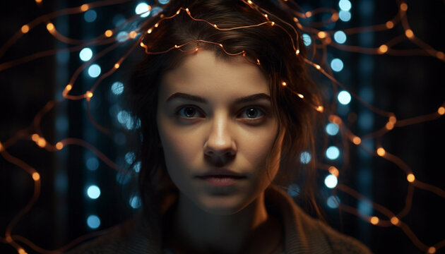 Young adult Caucasian woman smiling, illuminated by Christmas lights