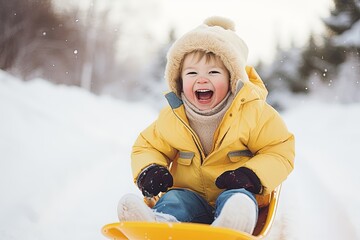 Fototapeta na wymiar A happy child in a yellow jacket rides a sled.
