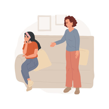 Serious talk isolated cartoon vector illustration. Parent talking with child sitting at sofa, girl in offended pose, mom talking to daughter, mother unsatisfying teens behaviour vector cartoon.